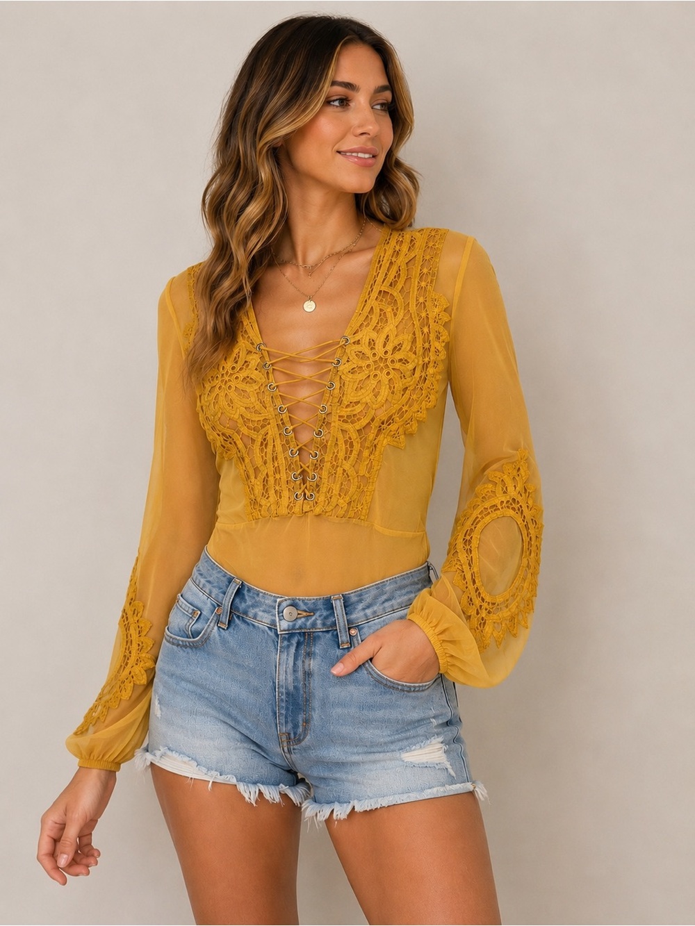 Women's Mustard Lace-Up Crochet Bodysuit Top Festival Boho XS